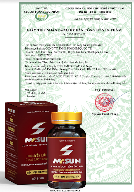 Viên uống Mr Sun được chứng nhận chất lượng bởi Bộ Y tế
